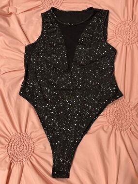SHEIN Black Speckled Mesh Inset Sleeveless Bodysuit